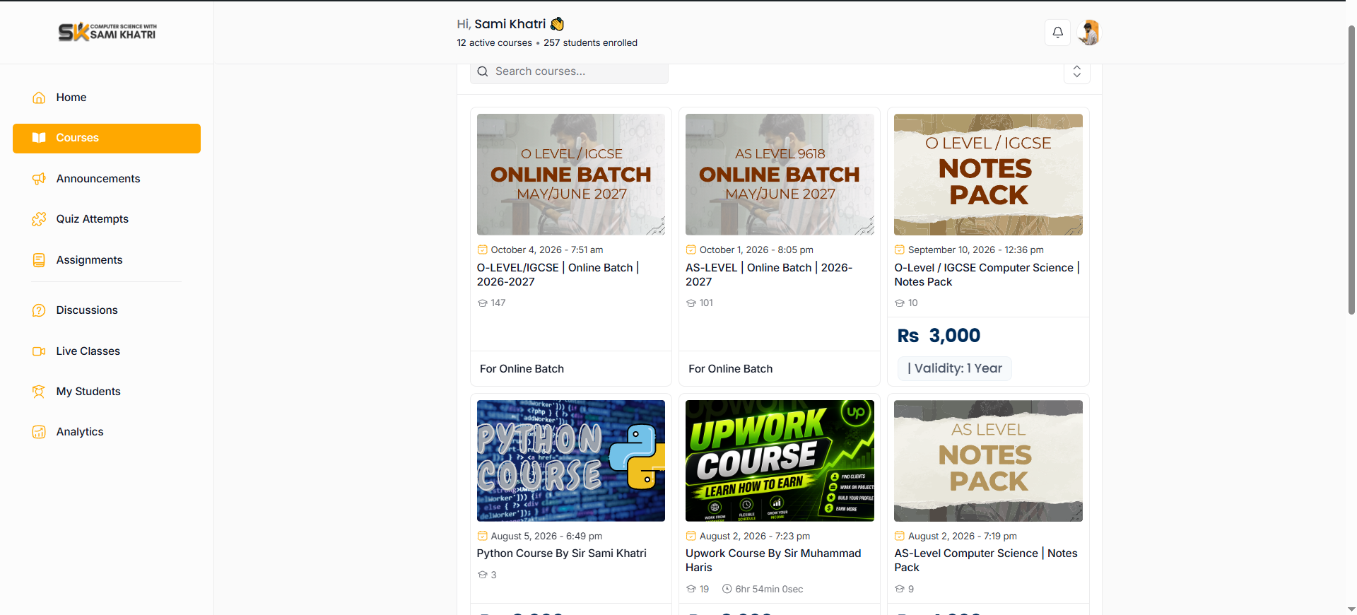 Sir Sami Khatri’s branded LMS showing online batches, notes packs and teaching tools
