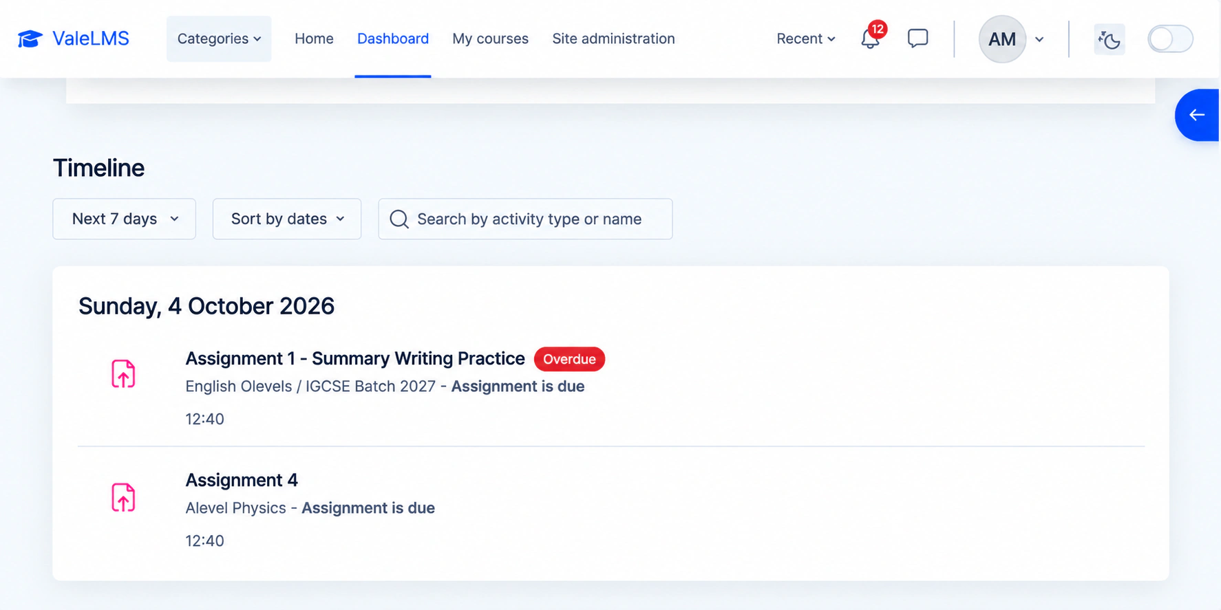 A learner timeline showing assignments and due dates
