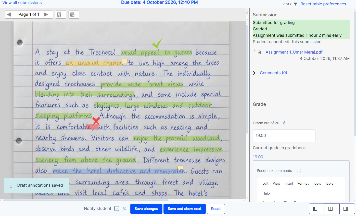 Assignment grading with annotated learner work and written feedback