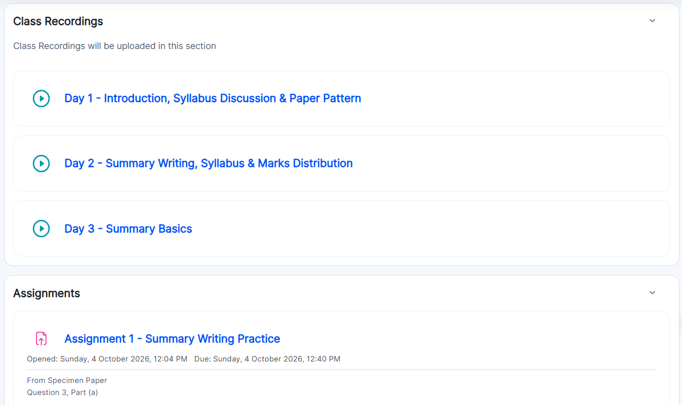 Course sections with class recordings and assignments