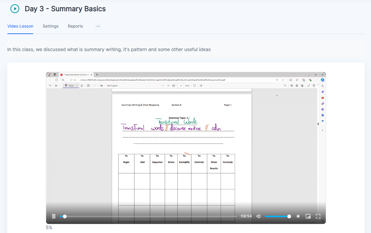 A video lesson with playback controls and class materials