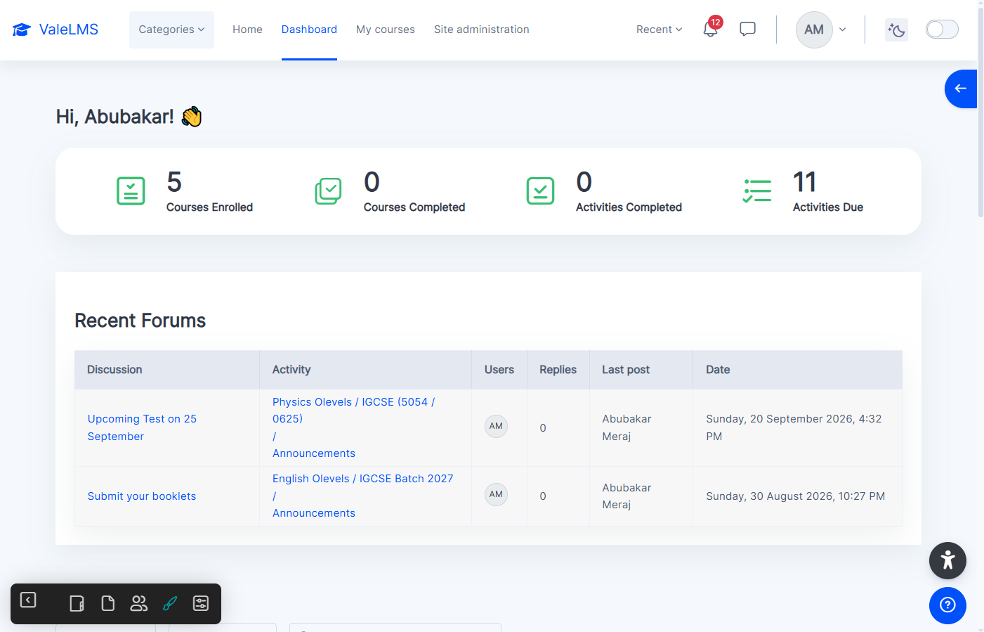 A learner dashboard with enrolled courses and activities due